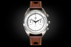 MHD Cr1 White dial – mens british classic car watch – chronograph- with brown calf leather rally strap – MHD Watches 