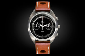 MHD Cr1 black dial – mens british watch – chronograph- with tan leather rally strap – MHD Watches 