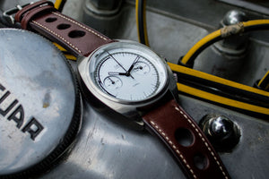 MHD Cr1 White dial – mens british classic car watch – chronograph- with brown calf leather rally strap – MHD Watches 