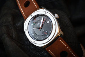 MHD Streamliner black dial watch with brown leather rally strap