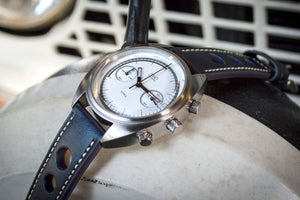 MHD Cr1 White dial – mens british classic car watch – chronograph- with brown calf leather rally strap – MHD Watches 