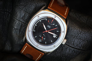 MHD Streamliner black dial watch with brown leather rally strap