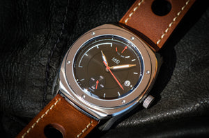 MHD Streamliner black dial and red second hand watch with brown leather rally strap