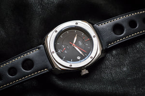 MHD Streamliner black dial watch with black leather rally strap