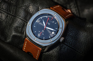 MHD Streamliner black dial watch with brown leather rally strap