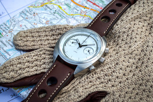 MHD Cr1 White dial – mens british classic car watch – chronograph- with brown calf leather rally strap – MHD Watches 