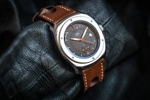 MHD Streamliner black dial watch with brown leather rally strap