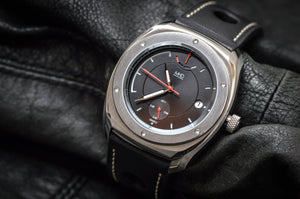 MHD Streamliner black dial watch with brown leather rally strap and mechanical automatic movement