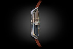 MHD Streamliner black dial watch with brown leather rally strap case side