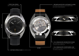 MHD AGT BLACK EDITION - stainless steel mens automatic 24 jewel mechanical miyota movement watch- black leather rally strap - MHD watches