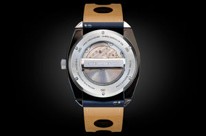 MHD Watches Streamliner blue and steel dial back of watch with automatic mechanical movement
