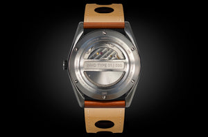  MHD Type 1- stainless steel men’s watch -24 jewel automatic mechanical miyota movement watch- Tan leather rally strap - MHD watches- inspired by the Bugatti type 35
