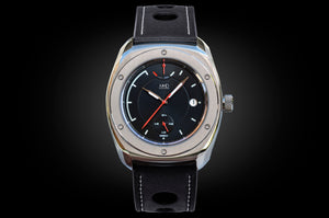 MHD Streamliner black dial watch with black leather rally strap