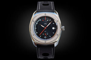 MHD Streamliner black dial watch with black leather rally strap