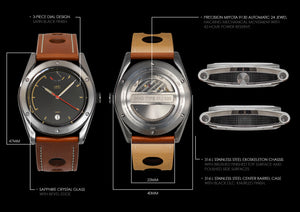  MHD Type 1- stainless steel men’s watch -24 jewel automatic mechanical miyota movement watch- Tan leather rally strap - MHD watches- inspired by the Bugatti type 35